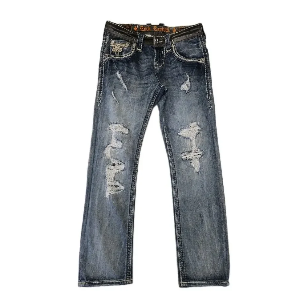 Rock Revival TYME Mens Jeans Straight Leg Size 29 Distressed Thick Stitch MMA - Picture 2 of 12